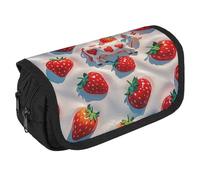 RKJVB Pencil Bag White Cow Strawberry Pattern Pencil Pouch Large Capacity Pen Box Double Zipper Storage Bag 2 Compartments Portable Multifunctional Bag Desk Organizer Pen Case