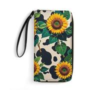 RKJVB Womens Wallet Multi-Pocket Long Wallet Cow Patterned Sunflower Leather Wallet for Women Ultra Slim Thin Wallet with Zipper Pocket for Shopping Work, style, 19.7x10.5cm, Modern