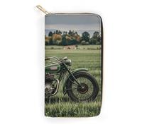 RKJVB Womens Wallet Multi-Pocket Long Wallet Motorcycles on Green Grass Leather Wallet for Women Ultra Slim Thin Wallet with Zipper Pocket for Shopping Work, style, 19.7x10.5cm