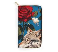 RKJVB Womens Wallet Multi-Pocket Long Wallet Red Rose And Three Wolves Pattern Leather Wallet for Women Ultra Slim Thin Wallet with Zipper Pocket for Shopping Work, style, 19.7x10.5cm