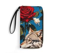 RKJVB Womens Wallet Multi-Pocket Long Wallet Red Rose And Three Wolves Pattern Leather Wallet for Women Ultra Slim Thin Wallet with Zipper Pocket for Shopping Work, style, 19.7x10.5cm, Modern