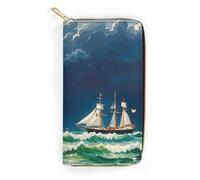 RKJVB Womens Wallet Multi-Pocket Long Wallet Stormy Waves Vintage Sailboat Leather Wallet for Women Ultra Slim Thin Wallet with Zipper Pocket for Shopping Work, style, 19.7x10.5cm