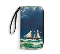 RKJVB Womens Wallet Multi-Pocket Long Wallet Stormy Waves Vintage Sailboat Leather Wallet for Women Ultra Slim Thin Wallet with Zipper Pocket for Shopping Work, style, 19.7x10.5cm, Modern