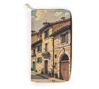 RKJVB Womens Wallet Multi-Pocket Long Wallet Traditional Brick Houses Leather Wallet for Women Ultra Slim Thin Wallet with Zipper Pocket for Shopping Work, style, 19.7x10.5cm