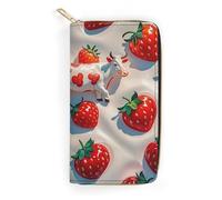 RKJVB Womens Wallet Multi-Pocket Long Wallet White Cow Strawberry Pattern Leather Wallet for Women Ultra Slim Thin Wallet with Zipper Pocket for Shopping Work, style, 19.7x10.5cm