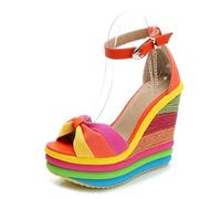 RKK Colorful Platform Wedges Sandals for Women Summer High Heels Rainbow Bowknot Hemp Bottom Female Buckle Strap Shoes(Orange,8)