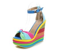 RKK Colorful Platform Wedges Sandals for Women Summer High Heels Rainbow Bowknot Hemp Bottom Female Buckle Strap Shoes(Blue,4)
