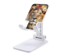 Rkklvbns 360° Rotating Cell Phone Stand, Folding African Lion Wearing A Flower on Its Head Phone Stand for Office Accessories, Adjustable Height and Angle Phones Holder White for Desktop, Chair, Home