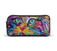 Rkklvbns A Psychedelic Cat Large Pencil Case Portable Pencil Bag with Zipper Stationery Organizer Simple Storage Aesthetic Stationery for Office College Adult Use