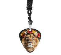 Rkklvbns African Lion Wearing A Flower on Its Head Guitar Pick Holder Necklace for Women, Personalized Bass Pick Pendant for Men, Rock Music Picks Necklace with Chain for Party, Music Inspired Gift