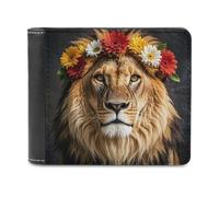 Rkklvbns African Lion Wearing A Flower on Its Head Leather Wallets RFID Blocking Slim Front Pocket Wallet Leather Money Clip, Stylish Mens Bifold Wallet Credit Card Holder Gift for Men