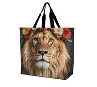 Rkklvbns African Lion Wearing A Flower on Its Head Shopping Bag Foldable, Reusable Grocery Bag for Outdoor, Large Capacity Shoulder Bags Washable Tote Bags for Work, Beach, Travel