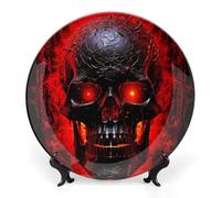 Rkklvbns Black And Red Skull Decorative Plates 7inch Ceramic Dinner Plates Bone China Decorative Plate with Display Stand Dessert Plates for Home Office Wall Decoration