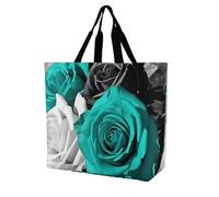 Rkklvbns Black White Teal Gray Rose Flowers Women Tote Bag Shoulder Grocerie Bags Portable Storage Handbag Lightweight Durable for Work Travel Casual Bag