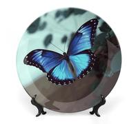 Rkklvbns Blue Butterfly Decorative Plates 6inch Ceramic Dinner Plates Bone China Decorative Plate with Display Stand Dessert Plates for Home Office Wall Decoration