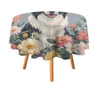 Rkklvbns Border Collie Florals Tablecloth for Wedding, Washable Table Cloth for Restaurant, Round Polyester Table Cover 70x70in for Party, Waterproof Tablecloth for Banquet, Holiday Decor