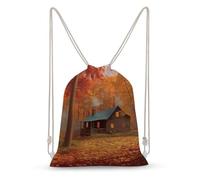 Rkklvbns Canvas Drawstring Autumn Woods Cabin Backpack for Gym, Personalized Sport Pack Bags for Travel, Shopping, White, 35x50cm, Canvas Drawstring Backpack