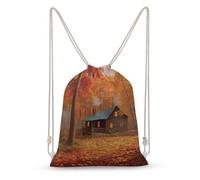 Rkklvbns Canvas Drawstring Autumn Woods Cabin Backpack for Gym, Personalized Sport Pack Bags for Travel, Shopping, White, 30x40cm, Canvas Drawstring Backpack