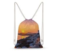 Rkklvbns Canvas Drawstring Greece Island Sunset Landscape Backpack for Gym, Personalized Sport Pack Bags for Travel, Shopping, White, 30x40cm, Canvas Drawstring Backpack