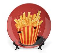 Rkklvbns Cartoon French Fries Decorative Plates 7inch Ceramic Dinner Plates Bone China Decorative Plate with Display Stand Dessert Plates for Home Office Wall Decoration