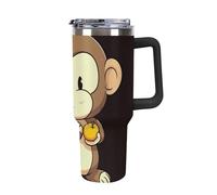 Rkklvbns Cartoon Monkey Holding Fruit Travel Coffee Cup, 40 Oz Tumbler with Handle And Straw Lid, Leak-proof Large Capacity Car Cup, Keeps Cold Or Hot for Gym, Travel Sports