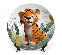 Rkklvbns Cartoon Tiger Decorative Plates 7inch Ceramic Dinner Plates Bone China Decorative Plate with Display Stand Dessert Plates for Home Office Wall Decoration