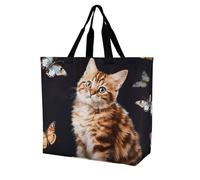 Rkklvbns Cat Butterfly Women Tote Bag Shoulder Grocerie Bags Portable Storage Handbag Lightweight Durable for Work Travel Casual Bag