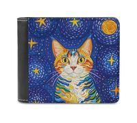 Rkklvbns Cat Looking at Stars Leather Wallets RFID Blocking Slim Front Pocket Wallet Leather Money Clip, Stylish Mens Bifold Wallet Credit Card Holder Gift for Men
