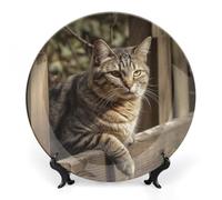 Rkklvbns Cat on Wooden Fence Decorative Plates 6inch Ceramic Dinner Plates Bone China Decorative Plate with Display Stand Dessert Plates for Home Office Wall Decoration