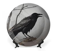 Rkklvbns Crow Birds Decorative Plates 8inch Ceramic Dinner Plates Bone China Decorative Plate with Display Stand Dessert Plates for Home Office Wall Decoration