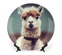 Rkklvbns Cute Alpaca Decorative Plates 8inch Ceramic Dinner Plates Bone China Decorative Plate with Display Stand Dessert Plates for Home Office Wall Decoration