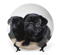 Rkklvbns Cute Black Pug Decorative Plates 6inch Ceramic Dinner Plates Bone China Decorative Plate with Display Stand Dessert Plates for Home Office Wall Decoration