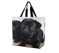 Rkklvbns Cute Black Pug Women Tote Bag Shoulder Grocerie Bags Portable Storage Handbag Lightweight Durable for Work Travel Casual Bag