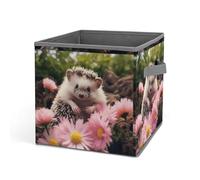 Rkklvbns Cute Hedgehog in Flowers Storage Bins, Collapsible Storage Basket with Handles, Large Clothes Fabric Organizer Bin for Organizing Books Blankets Toys