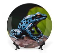 Rkklvbns Dart Frog Blue Decorative Plates 8inch Ceramic Dinner Plates Bone China Decorative Plate with Display Stand Dessert Plates for Home Office Wall Decoration