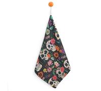 Rkklvbns Day of The Dead Floral Skull Patterns Hand Towels for Bathroom, Quick-Drying Square Hanging Hand Towels with Lanyard 1PCS, Soft Hand Dry Towels for Kitchen, Hotel, Travel, Hostel, Camping