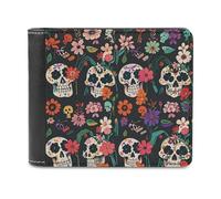 Rkklvbns Day of The Dead Floral Skull Patterns Leather Wallets RFID Blocking Slim Front Pocket Wallet Leather Money Clip, Stylish Mens Bifold Wallet Credit Card Holder Gift for Men