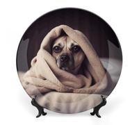Rkklvbns Dog in A Blanket Decorative Plates 7inch Ceramic Dinner Plates Bone China Decorative Plate with Display Stand Dessert Plates for Home Office Wall Decoration