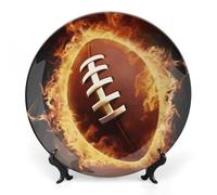 Rkklvbns Flaming American Football Decorative Plates 8inch Ceramic Dinner Plates Bone China Decorative Plate with Display Stand Dessert Plates for Home Office Wall Decoration