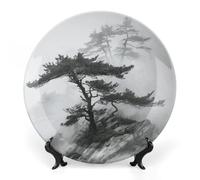 Rkklvbns Foggy Mountain Pine Tree Decorative Plates 8inch Ceramic Dinner Plates Bone China Decorative Plate with Display Stand Dessert Plates for Home Office Wall Decoration