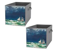 Rkklvbns Foldable Stormy Waves Vintage Sailboat Storage Cubes Organizer with Handles, Storage Bags 2PCS for Clothing, Sturdy Organizer Bins for Blanket, Comforters, Bed Sheets, Pillows