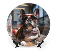 Rkklvbns French Bulldog Wearing Sunglasses Decorative Plates 10inch Ceramic Dinner Plates Bone China Decorative Plate with Display Stand Dessert Plates for Home Office Wall Decoration