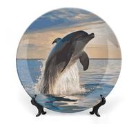 Rkklvbns Funny Animal Dolphin Decorative Plates 8inch Ceramic Dinner Plates Bone China Decorative Plate with Display Stand Dessert Plates for Home Office Wall Decoration