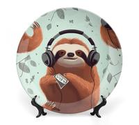 Rkklvbns Funny Cute Animal Sloth Music Decorative Plates 10inch Ceramic Dinner Plates Bone China Decorative Plate with Display Stand Dessert Plates for Home Office Wall Decoration