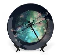 Rkklvbns Galaxy Animal Dragonfly Decorative Plates 7inch Ceramic Dinner Plates Bone China Decorative Plate with Display Stand Dessert Plates for Home Office Wall Decoration