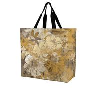 Rkklvbns Gold And Beige Flowers Women Tote Bag Shoulder Grocerie Bags Portable Storage Handbag Lightweight Durable for Work Travel Casual Bag