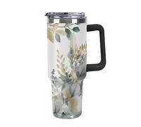 Rkklvbns Gold And Green Leaves Travel Coffee Cup, 40 Oz Tumbler with Handle And Straw Lid, Leak-proof Large Capacity Car Cup, Keeps Cold Or Hot for Gym, Travel Sports