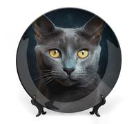 Rkklvbns Gray Cat Stares Decorative Plates 8inch Ceramic Dinner Plates Bone China Decorative Plate with Display Stand Dessert Plates for Home Office Wall Decoration