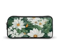Rkklvbns Green Leaves And White Flowers Large Pencil Case Portable Pencil Bag with Zipper Stationery Organizer Simple Storage Aesthetic Stationery for Office College Adult Use