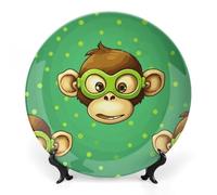 Rkklvbns Green Monkey Decorative Plates 7inch Ceramic Dinner Plates Bone China Decorative Plate with Display Stand Dessert Plates for Home Office Wall Decoration
